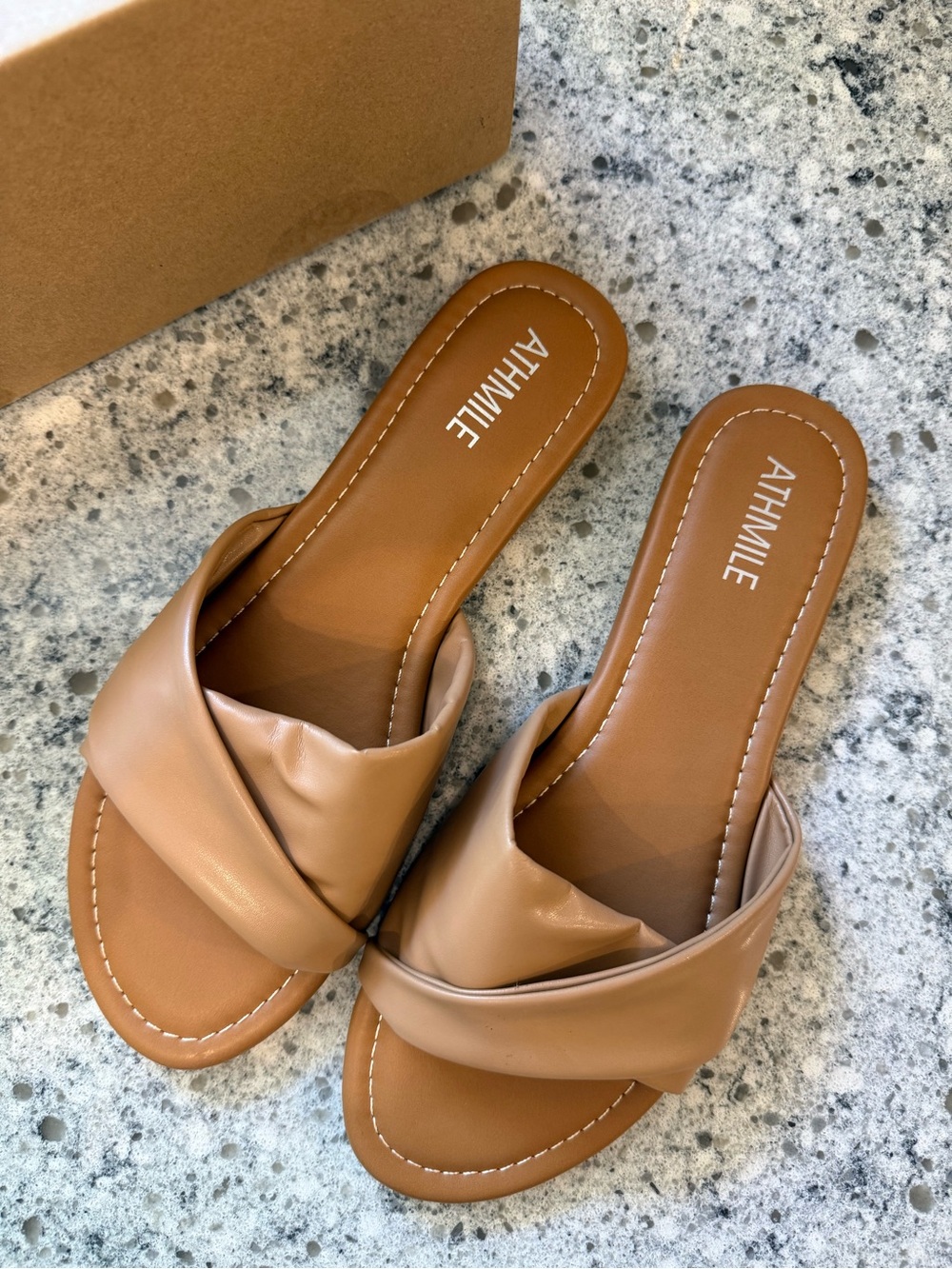 Amazon Tan Cross-Band Slide Sandals for Women